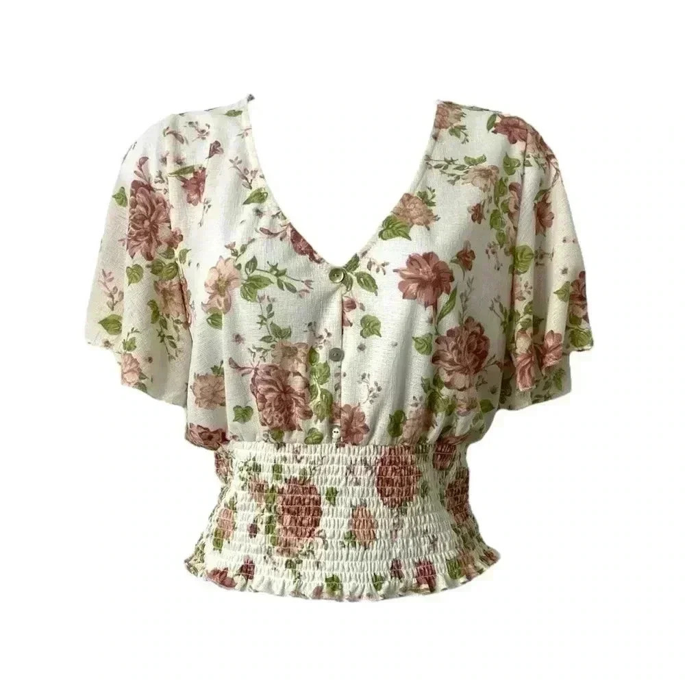 Full Circle Tree White Smock Floral Blouse Top